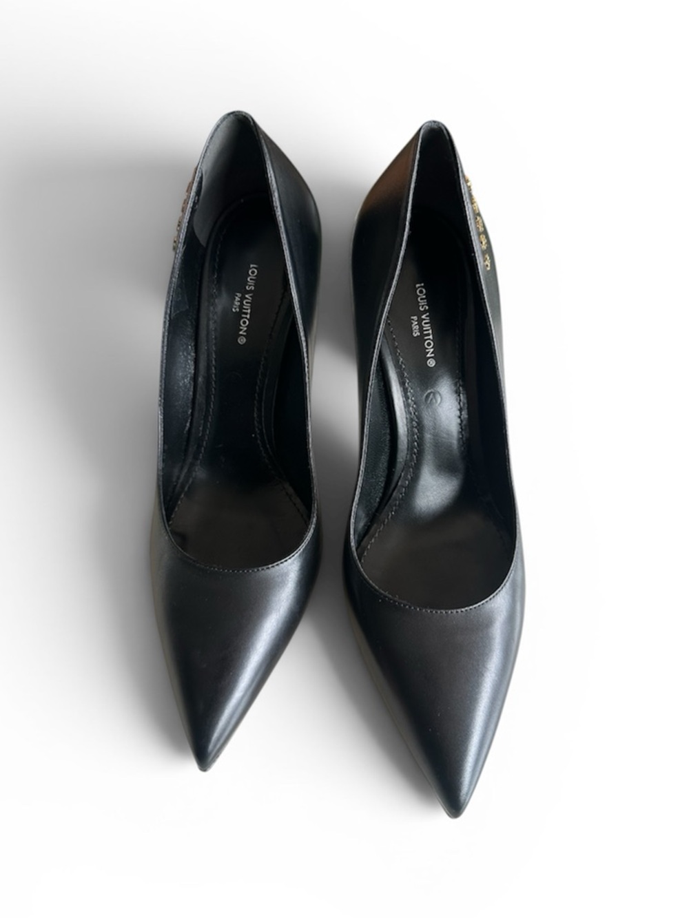 Louis Vuitton Black Pointed Leather Signature Pumps with Gold Accents